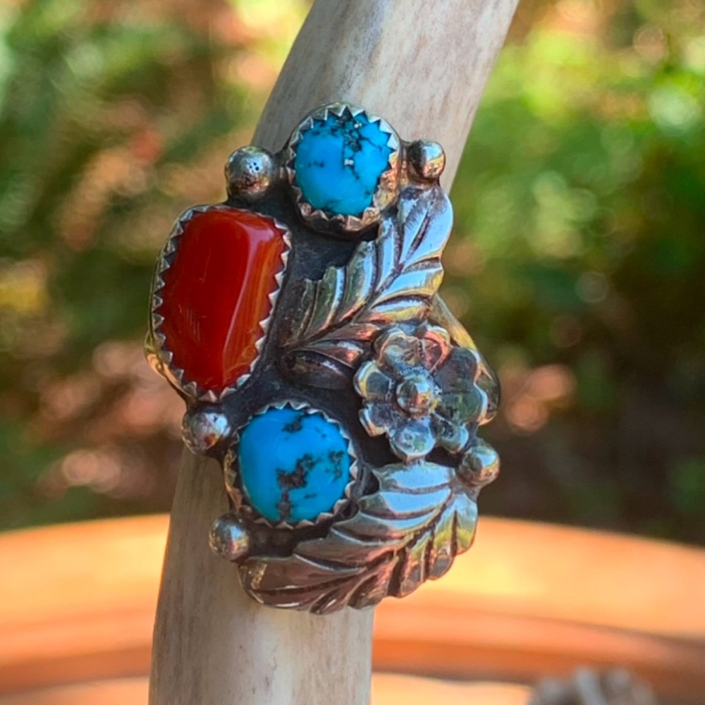 Vintage Southwest Double Turquoise Coral Floral Ring